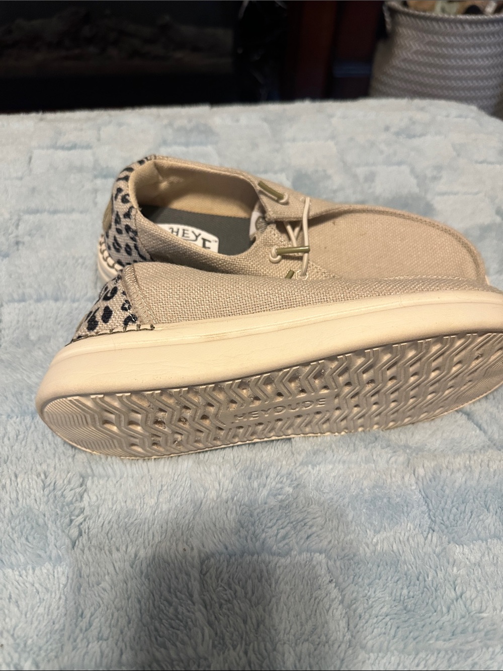Hey Dude Tan Canvas Slip-Ons with Leopard Heel Trim